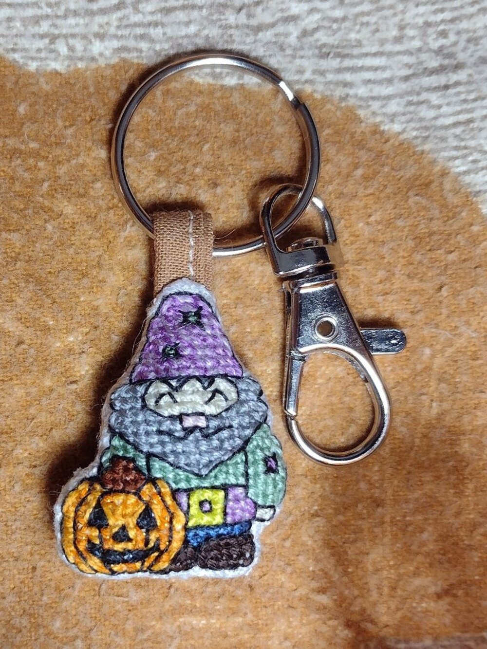 Happy Gnome & Pumpkin Halloween Keychain, Handmade Cross Stitch Bag Purse Charm